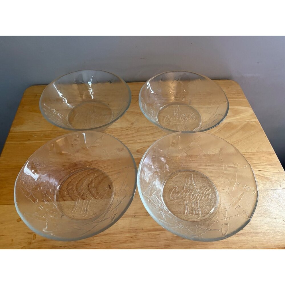 Set Of 4 Vintage Coca-Cola Coke Embossed Glass Dessert Bowls With Bottle Design